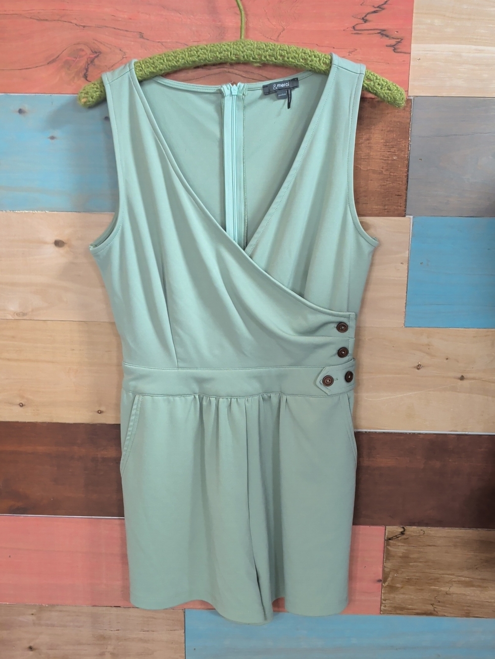 A New Day Mint Faux-Wrap Sleeveless Romper with Side Button Detail